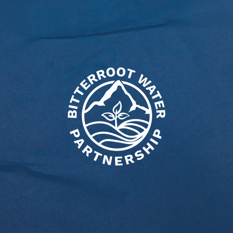 White circular logo on a blue background featuring a mountain, waves, and a plant sprout. Text around the circle reads Bitterroot Water Partnership—perfect inspiration for custom website design by an experienced web designer.