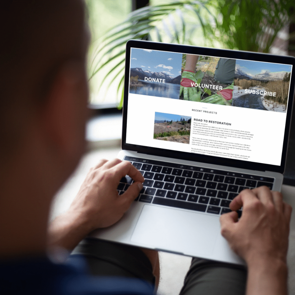 A person using a laptop displays a website by moonlit media, featuring options to donate, volunteer, and subscribe, with the Road to Restoration article and scenic nature images—showcasing expert web design services.