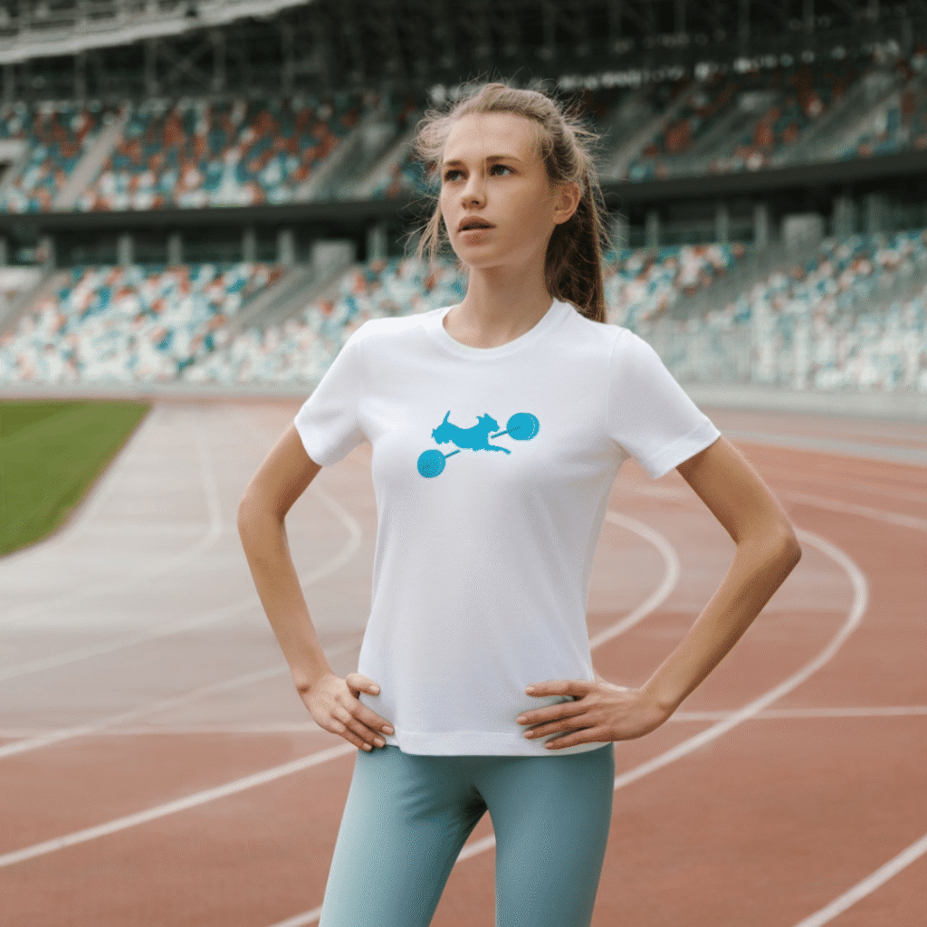 A young woman stands on a running track with her hands on her hips, wearing a white t-shirt featuring a blue custom logo design of a person lifting weights. The stadium seats are visible in the background.