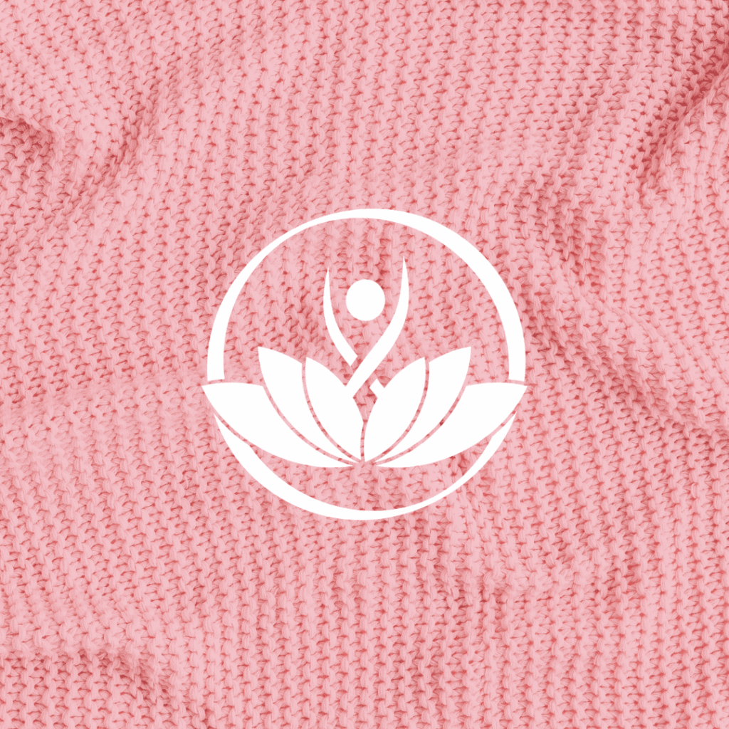 26 | Moonlit Media LLC White minimalist logo of a person with raised arms inside a lotus flower, enclosed in a circle, centered on a pink textured knitted fabric background—perfect for showcasing logo design services or custom website design.