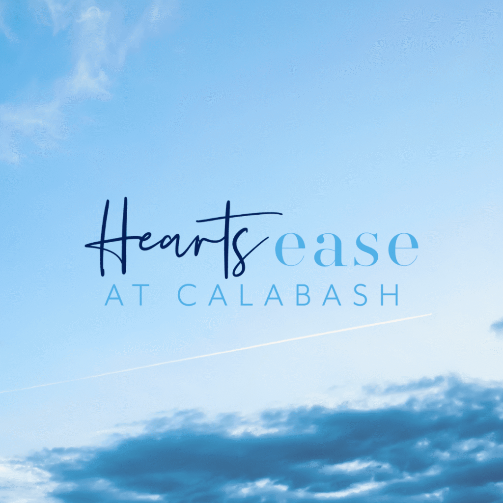 Text Hearts ease at Calabash appears over a serene blue sky with light clouds, a faint white contrail, and a hint of moonlit media inspiration.