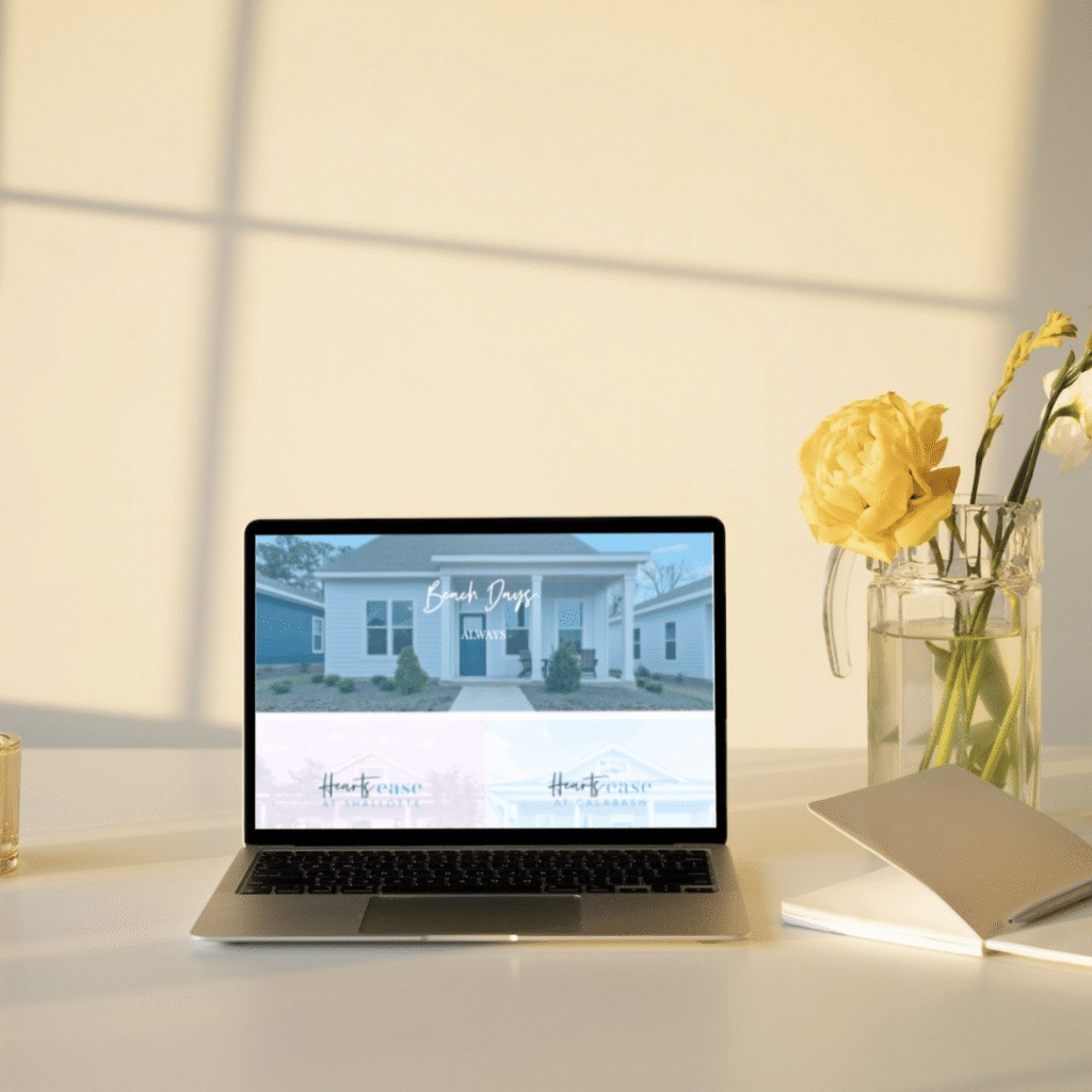 A laptop on a white desk displays a custom website design featuring a house. Next to the laptop are a glass vase with yellow flowers, a white notebook, and a pen, all bathed in warm sunlight. Perfect inspiration for any web designer.