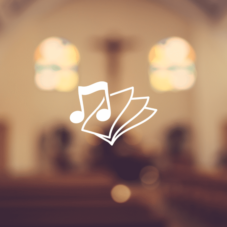 A white icon of music notes and sheet music appears over a blurred image of church pews and stained glass windows, ideal for a web designer seeking inspiration or promoting Moonlit Media’s logo design services.