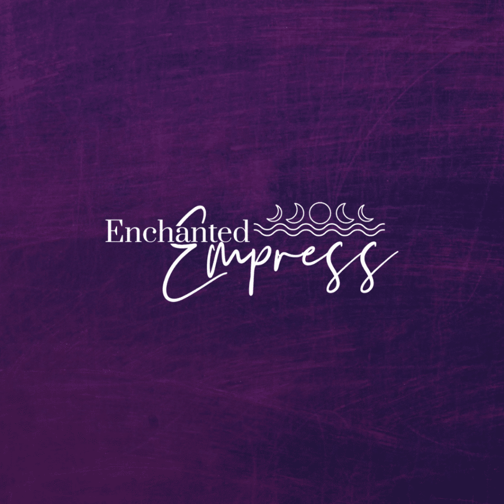 White text on a textured purple background reads Enchanted Empress with decorative crescent moon and wave symbols above “Empress.” This elegant, script-like logo design showcases the artistry of moonlit medias logo design services.