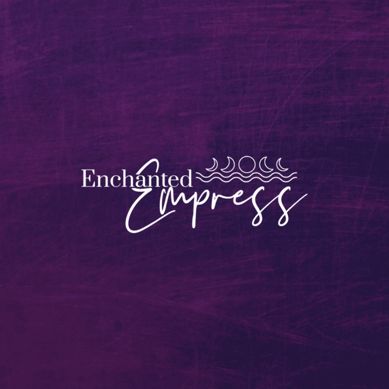White text on a textured purple background reads Enchanted Empress with decorative crescent moon and wave symbols above “Empress.” This elegant, script-like logo design showcases the artistry of moonlit medias logo design services.