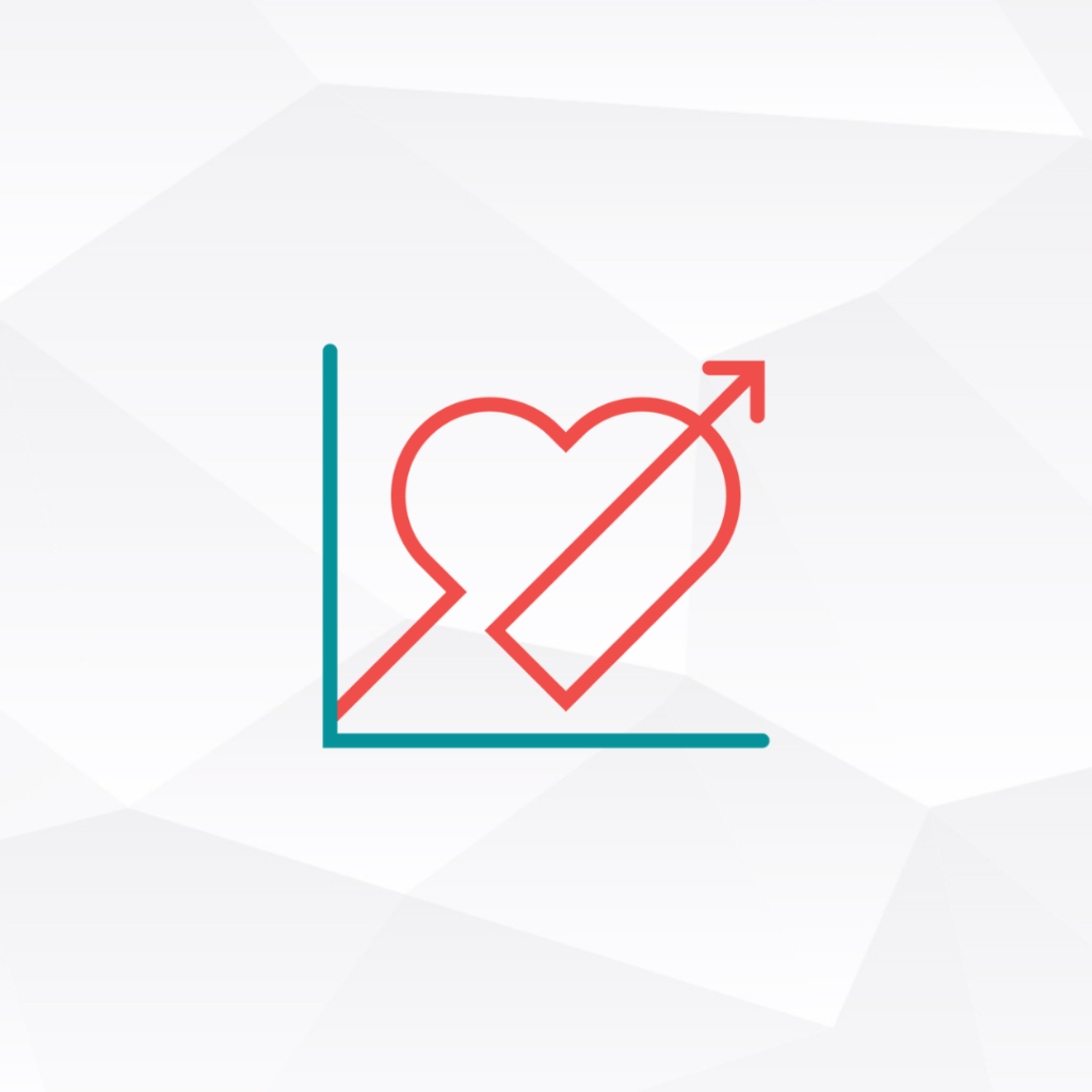 A line graph with a red heart symbol forming part of an upward trending arrow, representing growth or positive progress in well-being or love. Perfect for web design services by Moonlit Media. The background is light gray with geometric patterns.