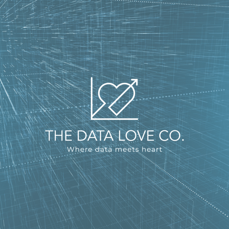 A digital graphic with a blue, grid-like background features a logo combining a heart and an upward arrow on a chart. Below, white text reads: THE DATA LOVE CO. Where custom website design meets heart.