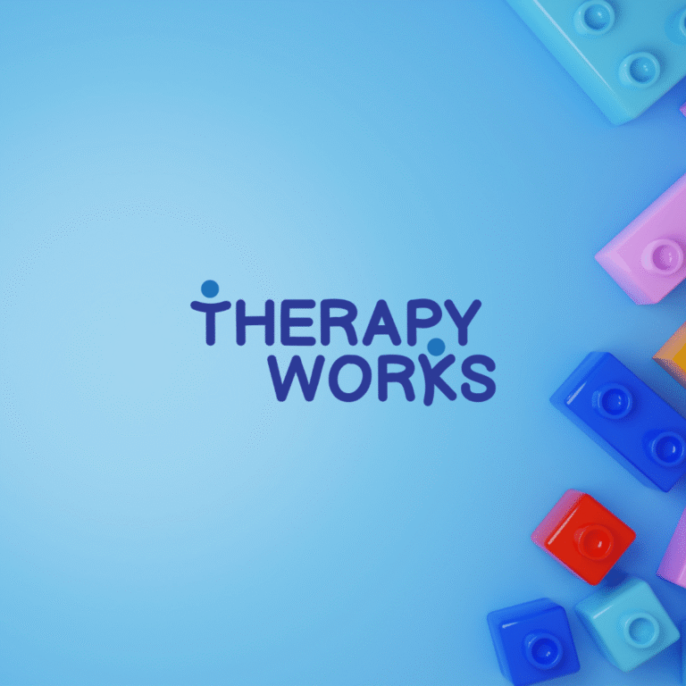 Blue background with colorful toy building blocks in the corners, and the words THERAPY WORKS in bold, playful font centered—perfect for showcasing logo design services or custom website design by a talented web designer.