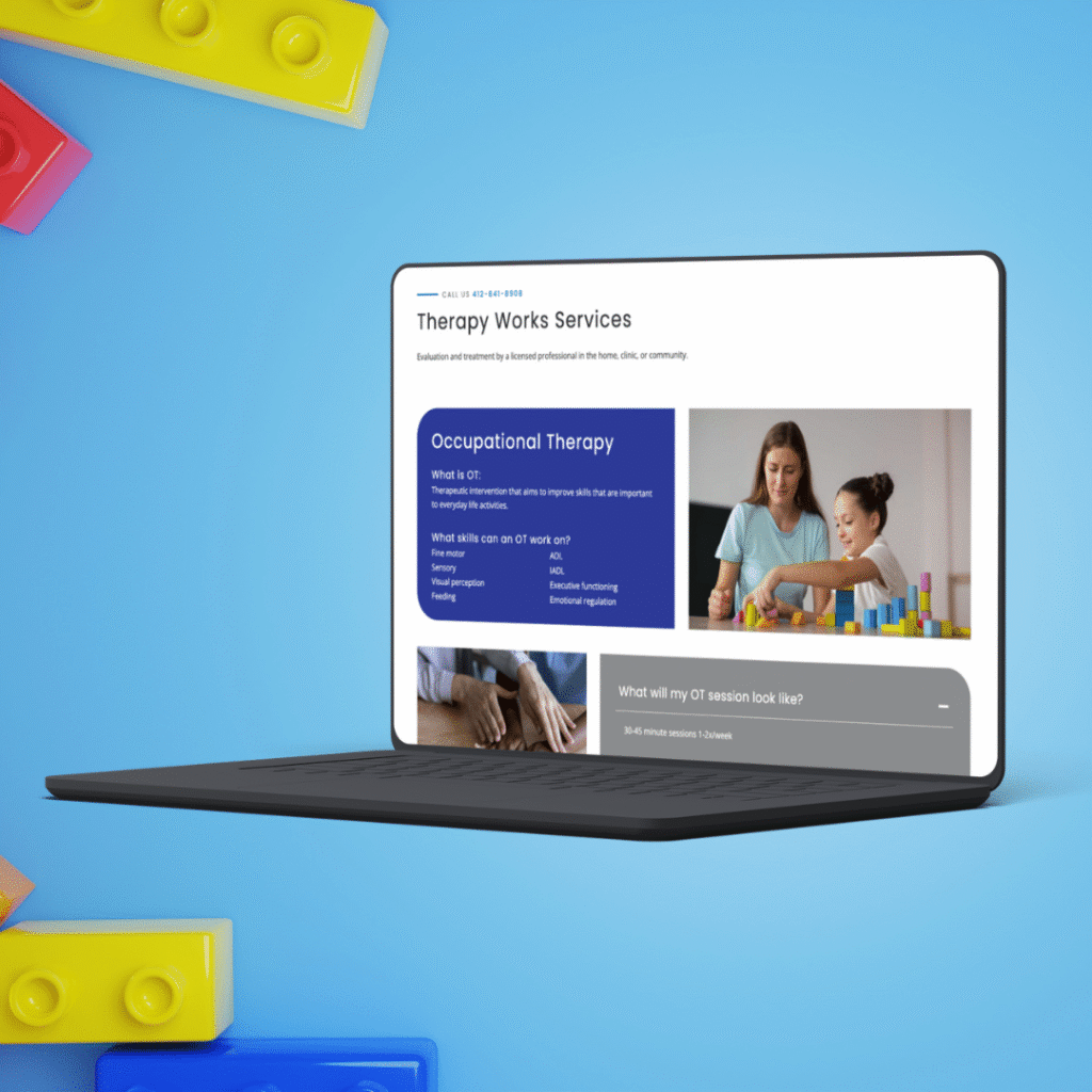 A laptop displays a therapy services webpage about occupational therapy, crafted by Moonlit Media. An image of a woman assisting a child is shown, with colorful toy blocks and a blue background enhancing the web design services showcased.