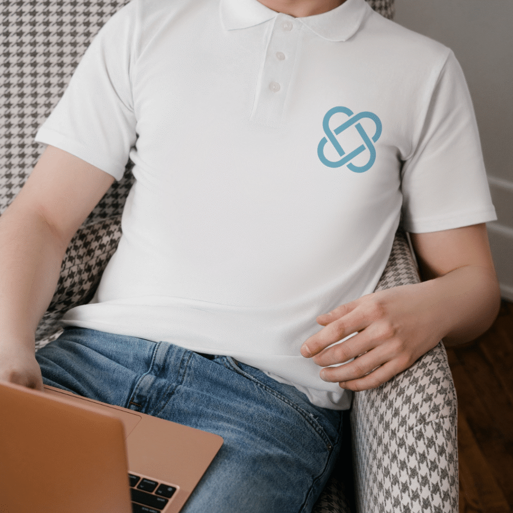 A person in a white polo shirt with a blue abstract logo sits in a houndstooth-patterned chair, holding a brown laptop on their lap—perhaps reviewing custom website design ideas for Moonlit Media.