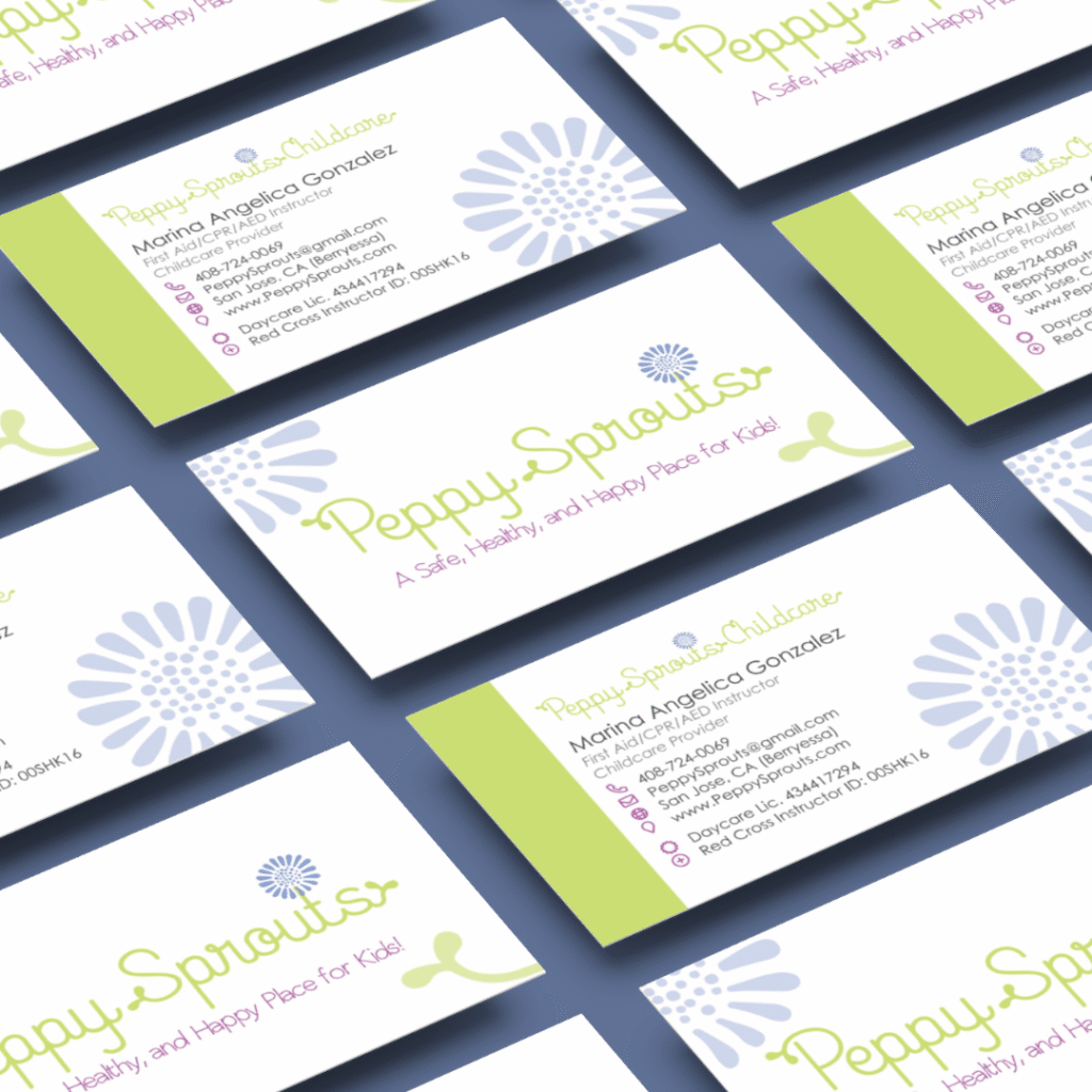 A grid of business cards for Peppy Sprouts Childcare, designed by Moonlit Media, features green and lavender accents, a flower graphic, custom logo design, and contact info for Maria Angelica Gonzalez. The tagline reads A Safe, Healthy, and Happy Place for Kids!.