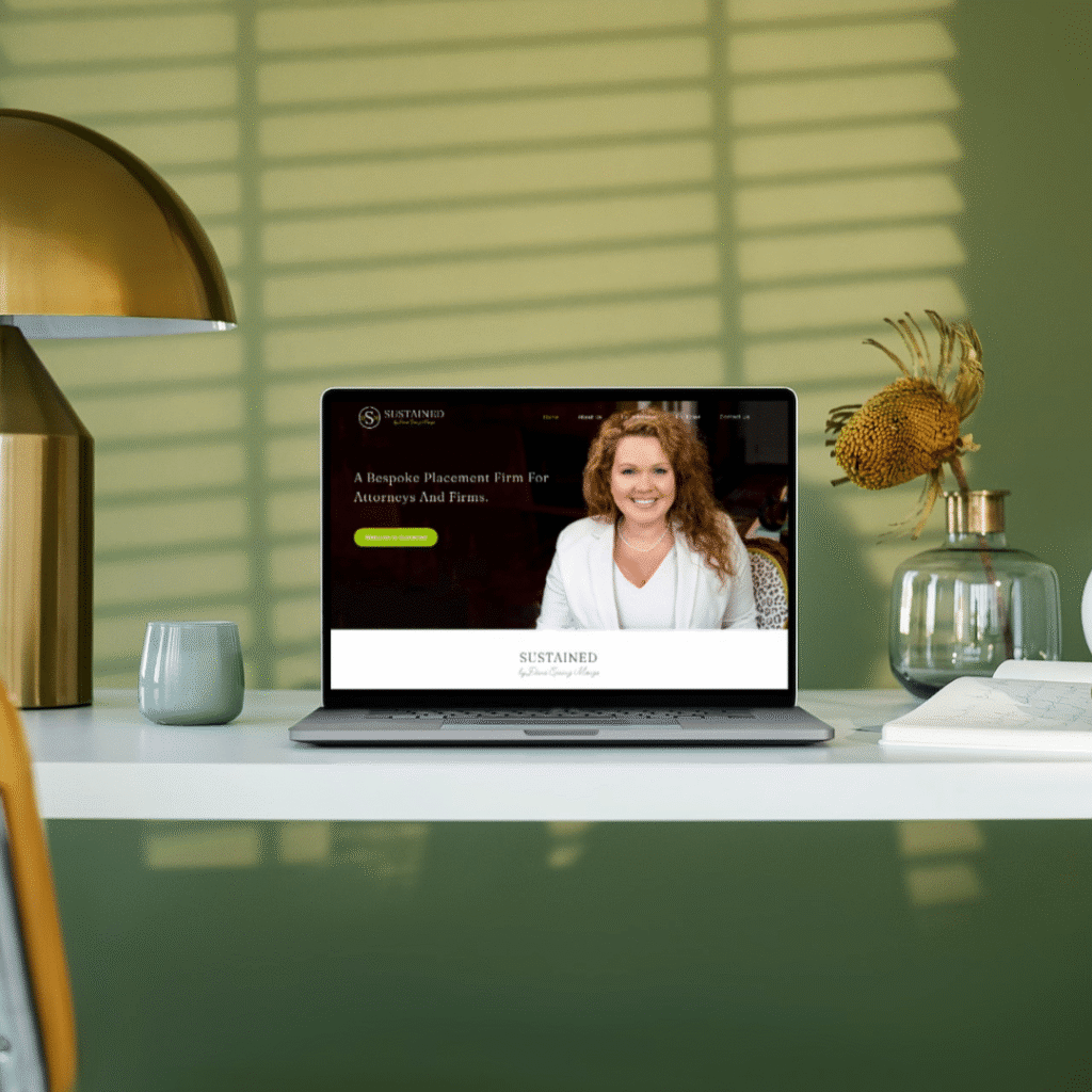 A laptop on a white desk displays a custom website design featuring a smiling woman. The desk has a modern lamp, a gray cup, a glass vase with yellow flowers, and sits against a green wall with striped light patterns.