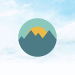Minimalist graphic of a yellow sun rising or setting behind blue mountains, all enclosed within a circular frame, with a light blue sky and clouds—perfect for logo design services by Moonlit Media.