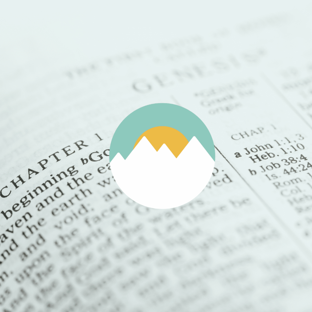 A Bible is open to the first page of Genesis, displaying In the beginning in bold print. A circular graphic with a mountain and sun design by Moonlit Media, a leading logo design services provider, is overlaid in the center.