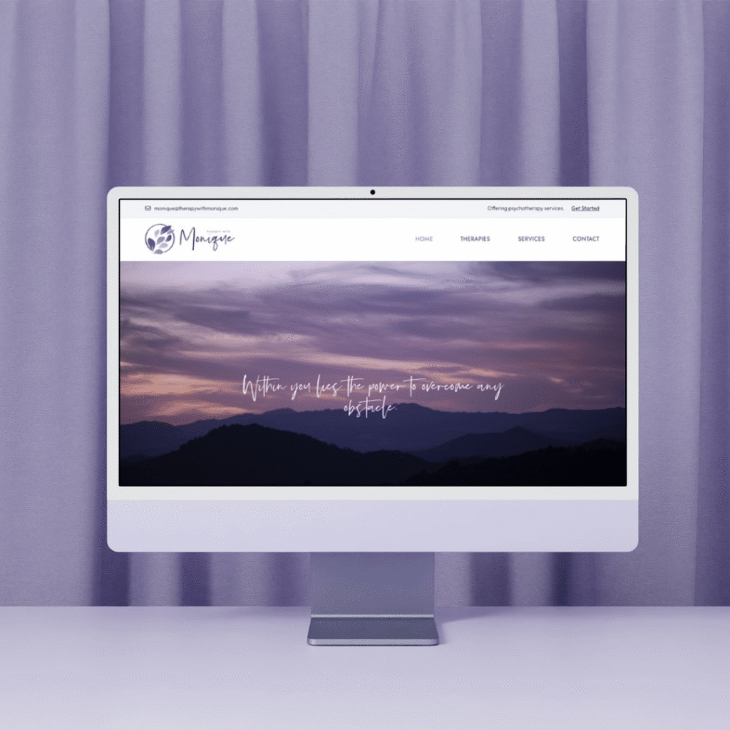 A desktop computer displays a website with a purple-themed design, featuring custom logo design, navigation menu, and a background image of mountains at dusk with the text Within you lies the power to overcome any obstacle.