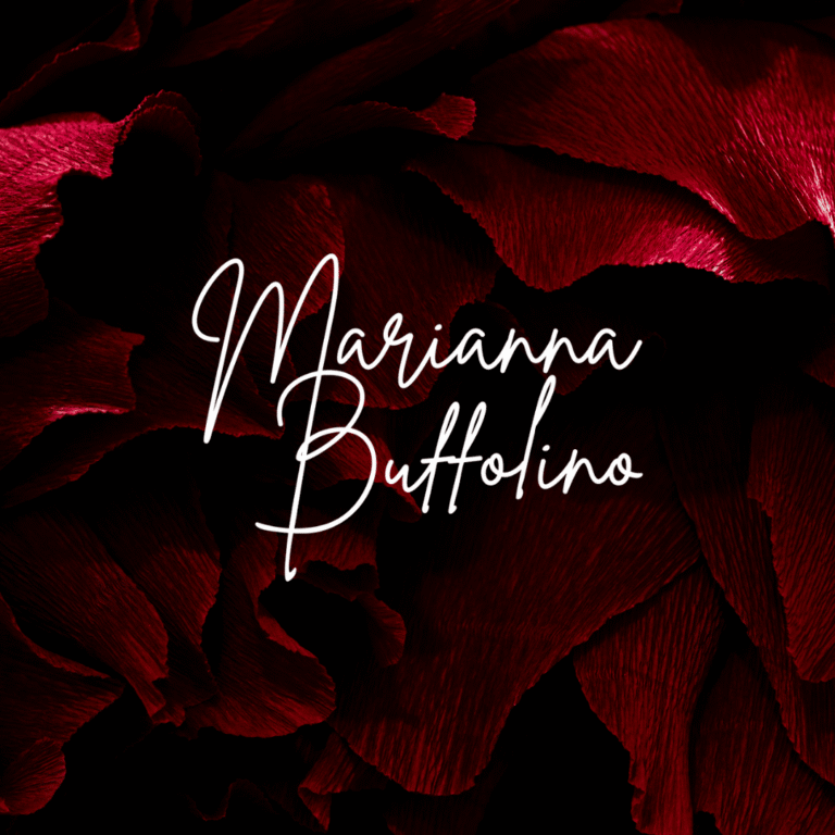 White cursive text reading Marianna Buffolino is centered over a background of deep red, textured flower petals, showcasing Moonlit Media’s elegant logo design services.