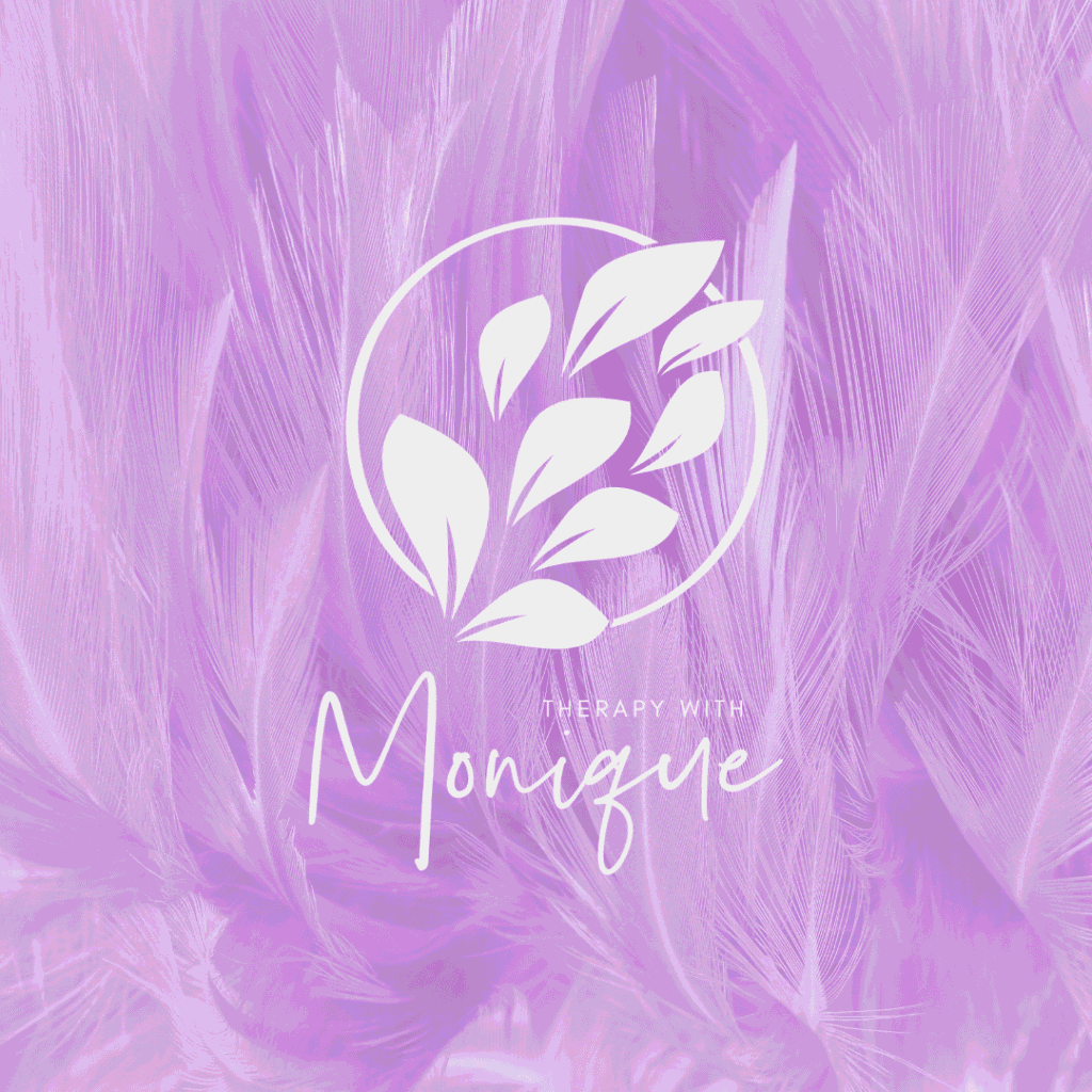 White leafy logo and text “Therapy With Monique” overlay a soft, pastel purple feather background, crafted by moonlit media web designer for a gentle, custom logo design.