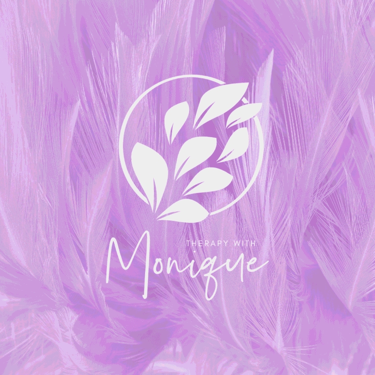 White leafy logo and text “Therapy With Monique” overlay a soft, pastel purple feather background, crafted by moonlit media web designer for a gentle, custom logo design.