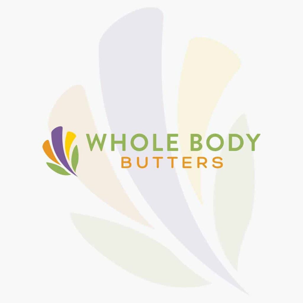 Logo for Whole Body Butters by Moonlit Media features green text and orange accent. Colorful leaf-like shapes in purple, yellow, green, and orange fan around the text on a pale background—showcasing our custom logo design expertise.