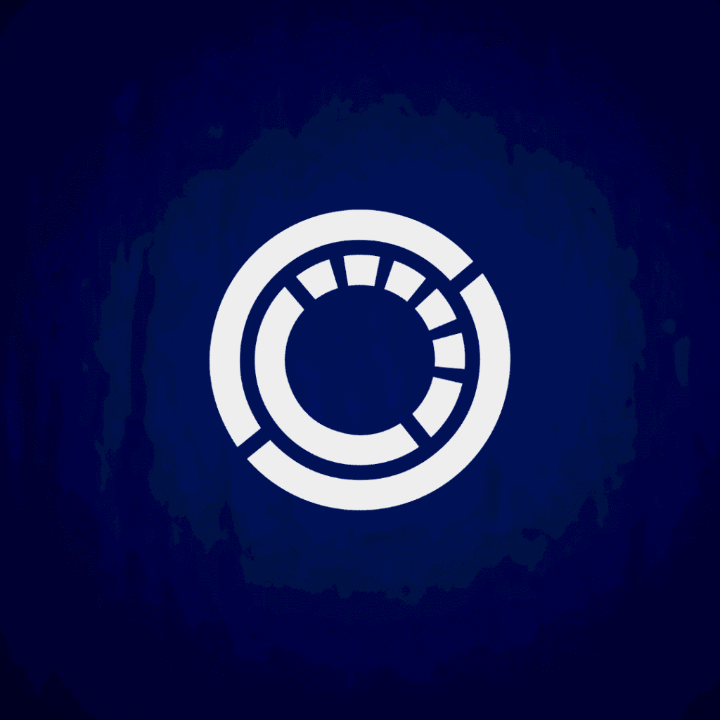 A white circular abstract design with segmented inner and outer rings is centered on a dark blue background, reflecting the creative touch of Moonlit Media’s logo design services.