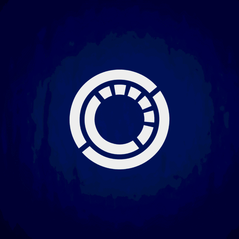 A white circular abstract design with segmented inner and outer rings is centered on a dark blue background, reflecting the creative touch of Moonlit Media’s logo design services.