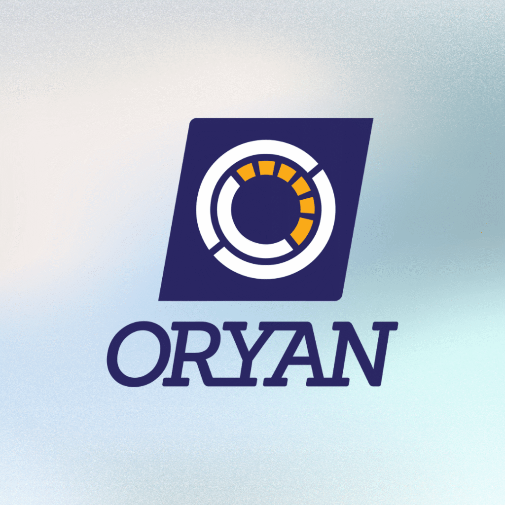 Logo with the word ORYAN in bold letters below a navy blue square featuring a circular design with orange and white segments on a soft gradient background—ideal for those seeking standout logo design services.
