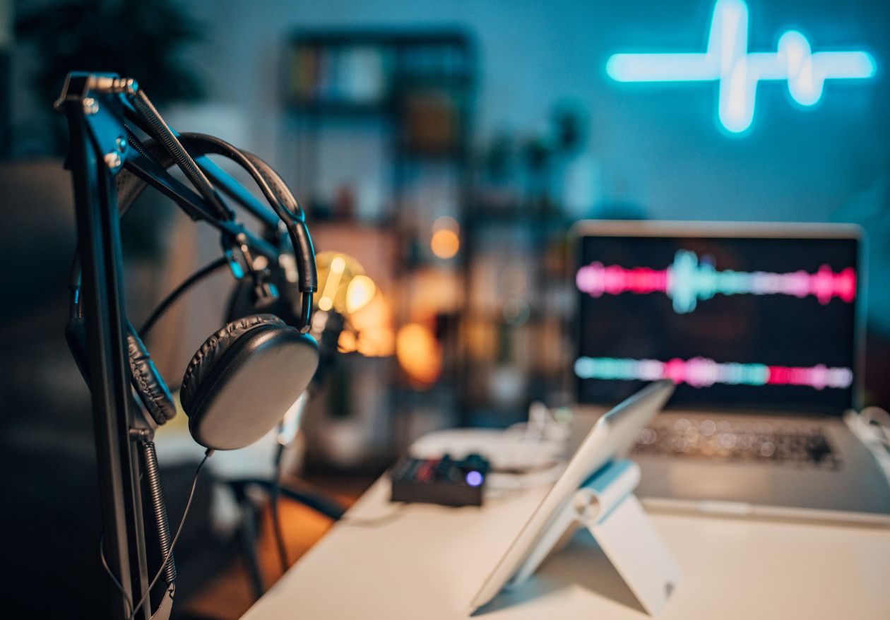 A podcasting setup with a microphone and headphones on a stand, a laptop displaying audio waveforms, and a tablet on a desk—perfect for creators focused on custom website design. The shelves and blue neon sound wave light complete the scene.