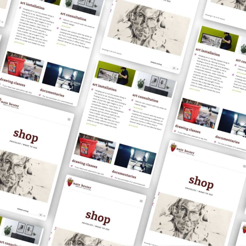 Repeating diagonal pattern of website pages featuring art-related content, including custom logo design, portraits, drawings, red art supply cups, and text blocks about installations, drawing classes, documentaries, and the word “shop.”.