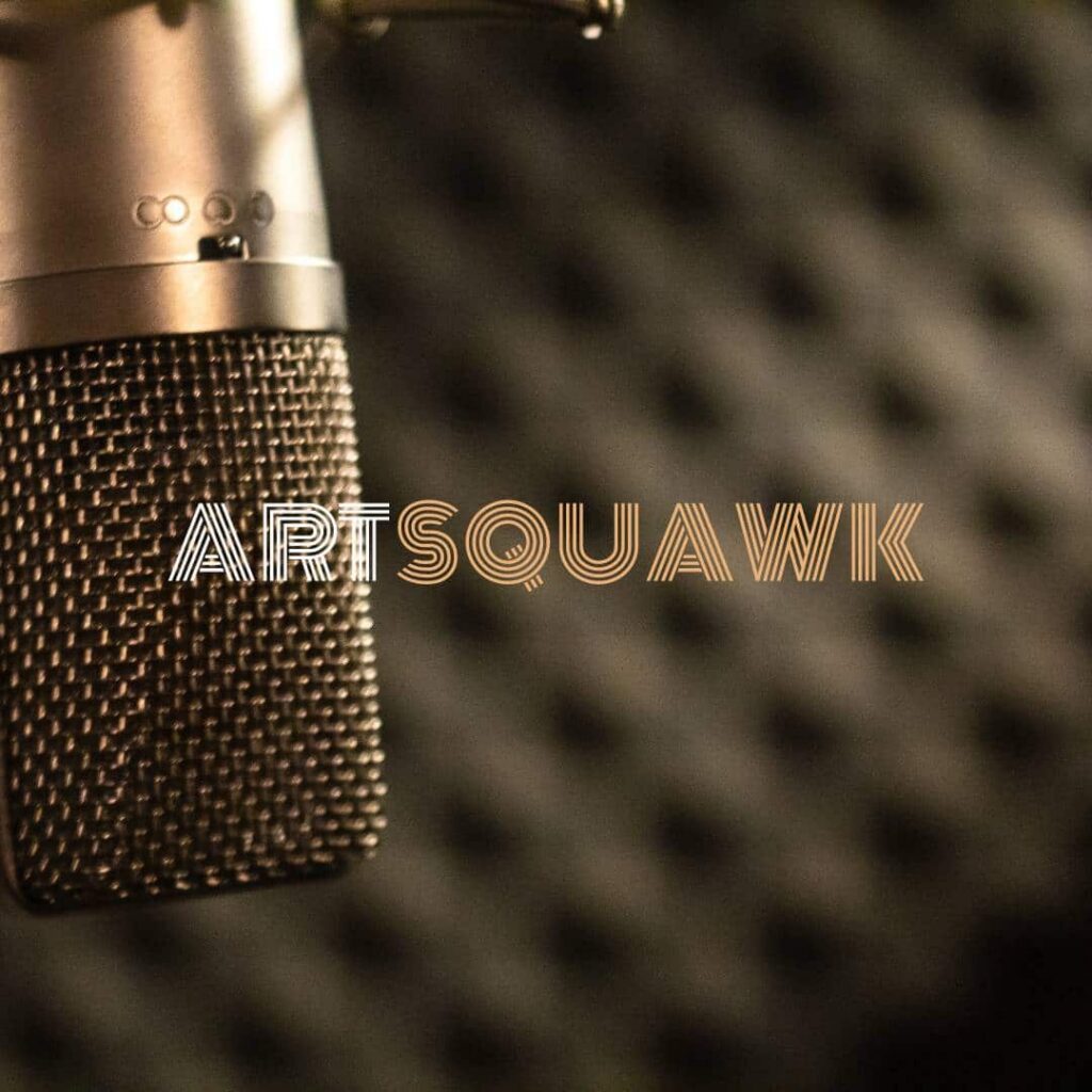 Close-up of a studio microphone with a blurred soundproof wall in the background. The word ARTSQUAWK appears in stylized text, highlighting Moonlit Medias creative logo design services.