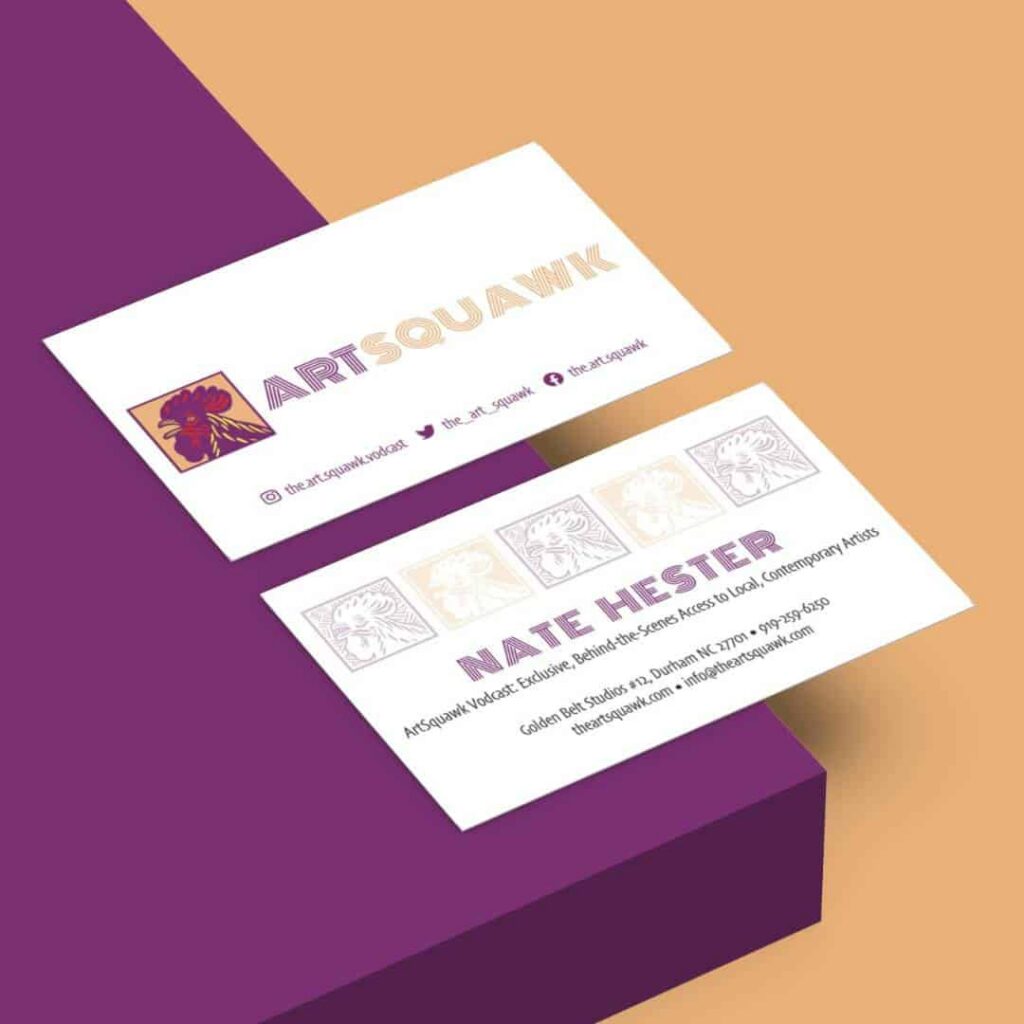 Two business cards for Artsquawk, a web design services company, are displayed on a purple and tan background. The cards feature purple and orange bird artwork, contact info, and the name Nate Hester in bold blue letters.