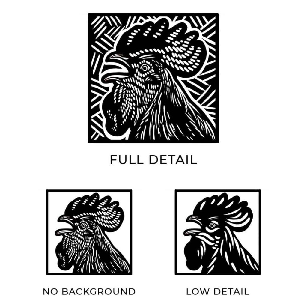 Three black and white illustrations of a rooster’s head: top is highly detailed with a patterned background; bottom left is detailed without a background; bottom right is a simplified version—perfect for custom logo design by Moonlit Media.