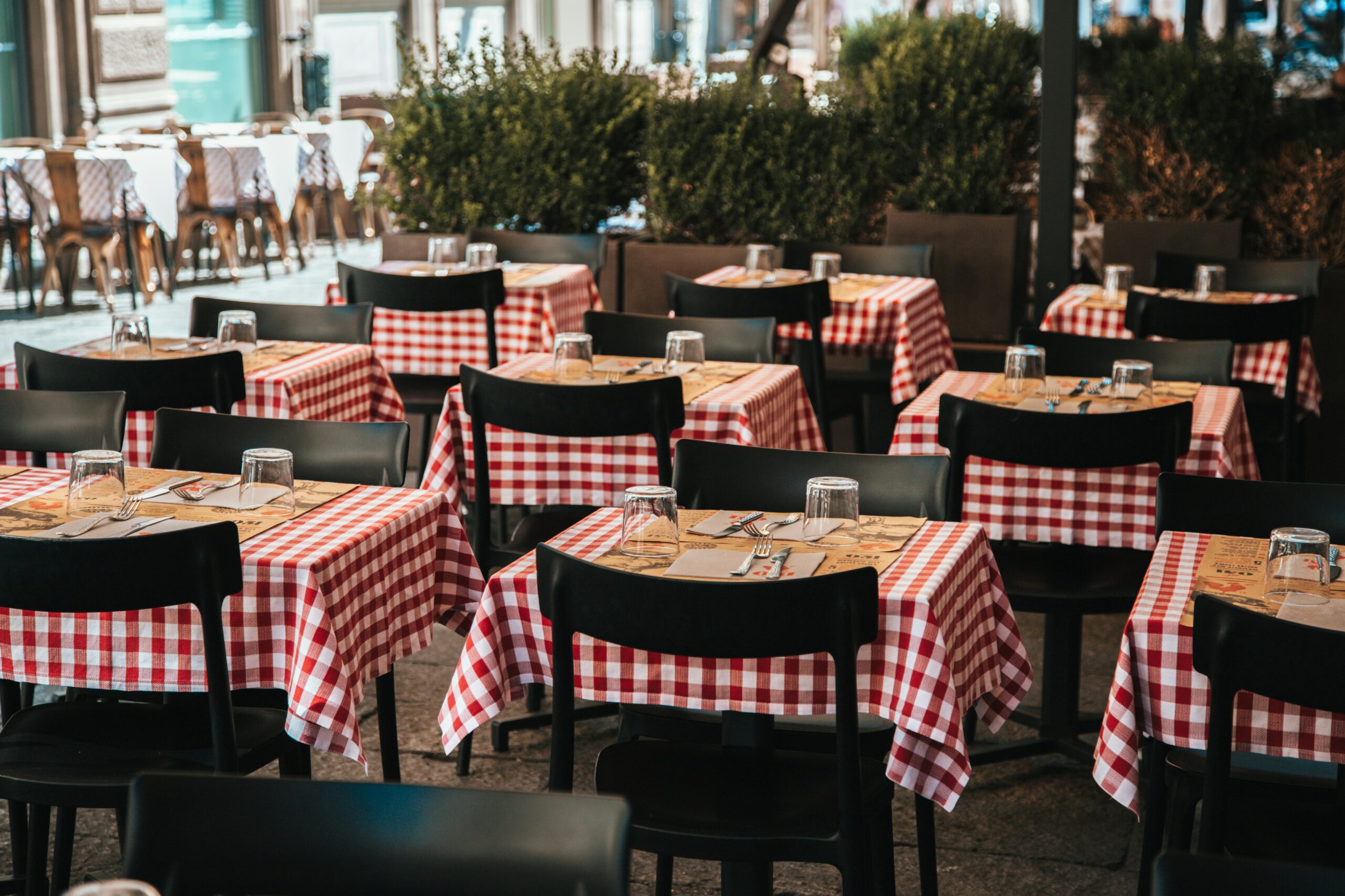 Rows of outdoor restaurant tables covered with red and white checkered tablecloths, each set with glasses, napkins, and cutlery—an inviting spot perfect for a web designer seeking logo design services inspiration. Black chairs and greenery complete the charming scene.