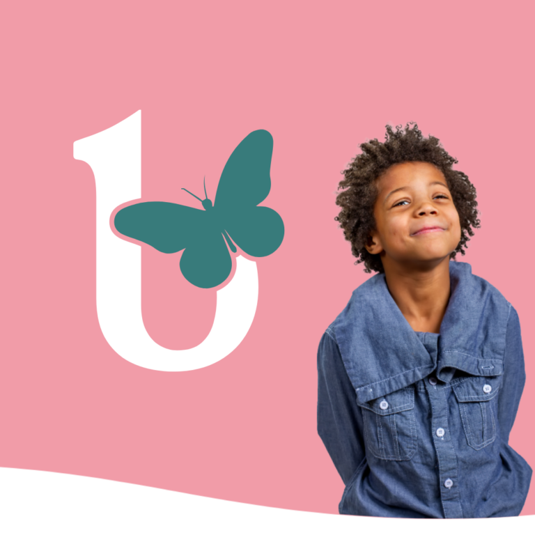 A smiling child in a blue shirt stands before a pink background featuring a white lowercase u with a teal butterfly—perfect inspiration for creative logo design services.