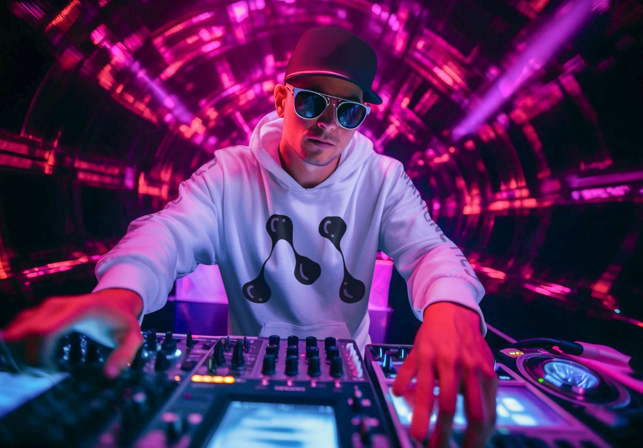 A DJ wearing sunglasses, a cap, and a white hoodie with a futuristic design performs at a mixing console in a vibrant, neon-lit tunnel—an atmosphere as bold and dynamic as cutting-edge custom website design.
