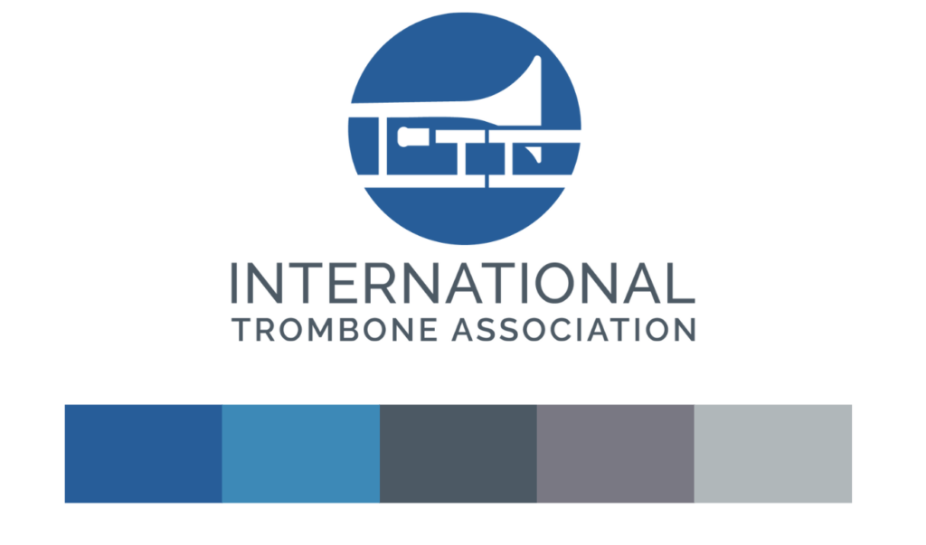 | Moonlit Media LLC Logo design for the International Trombone Association features a stylized trombone in a blue circle above the organizations name, with a five-color palette bar in shades of blue and gray—perfect for website design or events in Richmond VA.