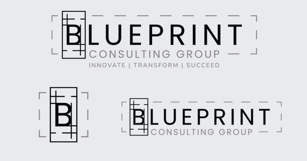 Three variations of a Blueprint Consulting Group logo, featuring a stylized B within rectangular outlines and dashed guidelines. The tagline reads INNOVATE | TRANSFORM | SUCCEED. Ideal for consulting group Raleigh NC or website design projects. Light gray background.