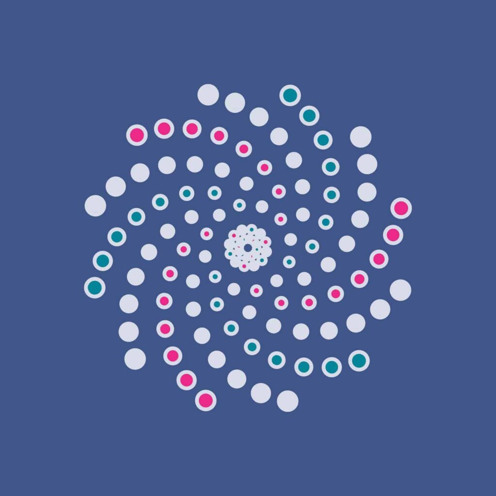 A spiral pattern of evenly spaced circles, some with pink or teal outlines, arranged on a blue background and radiating outward in a symmetrical, galaxy-like design—perfect inspiration for custom logo design or web design services.