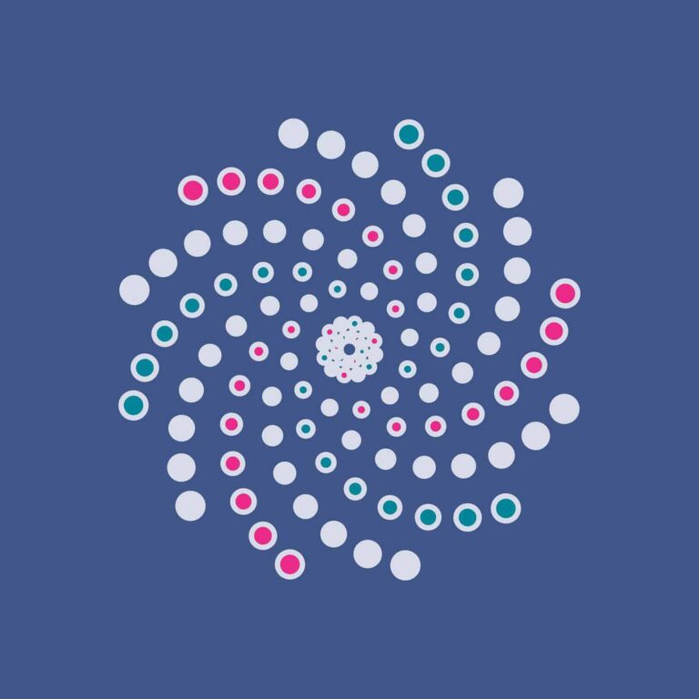 A spiral pattern of evenly spaced circles, some with pink or teal outlines, arranged on a blue background and radiating outward in a symmetrical, galaxy-like design—perfect inspiration for custom logo design or web design services.