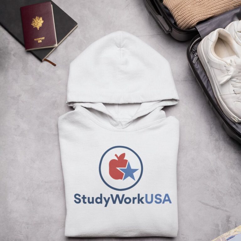 A cozy hoodie featuring the words "StudyWork USA," perfect for students and remote workers alike.