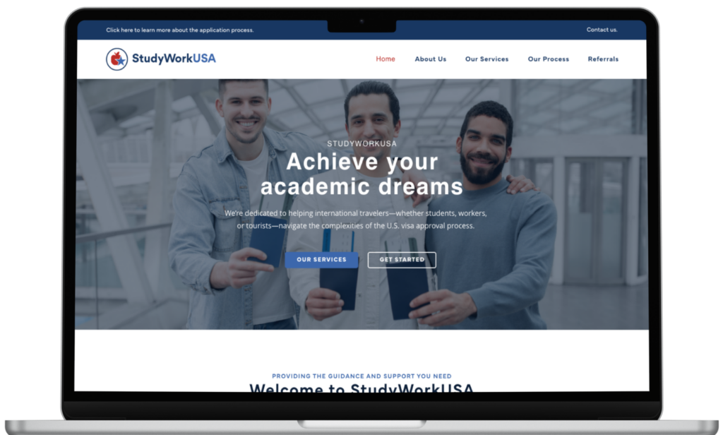 A sleek U.S. Visa Process website design featuring immigration and visa services, showcasing a modern and user-friendly interface.