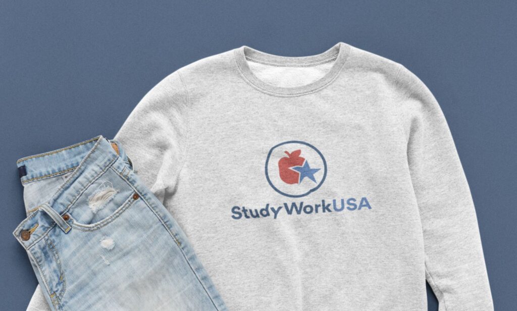 Cozy StudyWorkUSA sweatshirt promoting referral rewards, perfect for casual outings and staying stylishly comfortable.