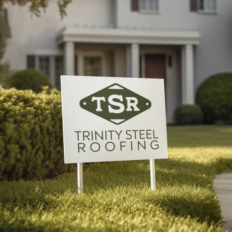 A yard sign reading “TSR Trinity Steel Roofing,” showcasing the roofing company's logo design, stands in front of a neatly manicured lawn, with a house and front porch visible in the background.