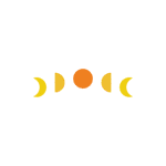 A graphic by Moonlit Media showing five stylized moon phases in a row—two crescent moons, two half moons, and a full orange circle—all on a black background. Perfect inspiration for custom website design or custom logo design.