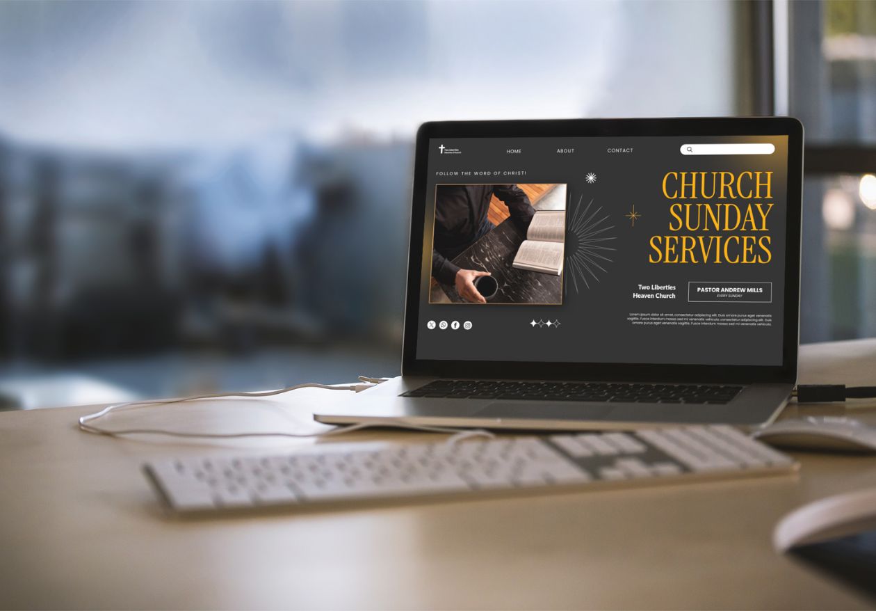 A laptop on a desk displays a custom website design for a church, promoting Sunday services. The screen shows an open Bible, a person’s hands, and large yellow text reading CHURCH SUNDAY SERVICES.
