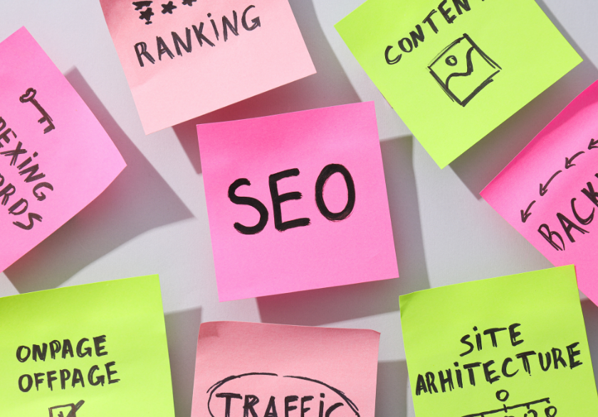 How blogging supports the rest of your SEO strategy sticky notes about SEO on screen