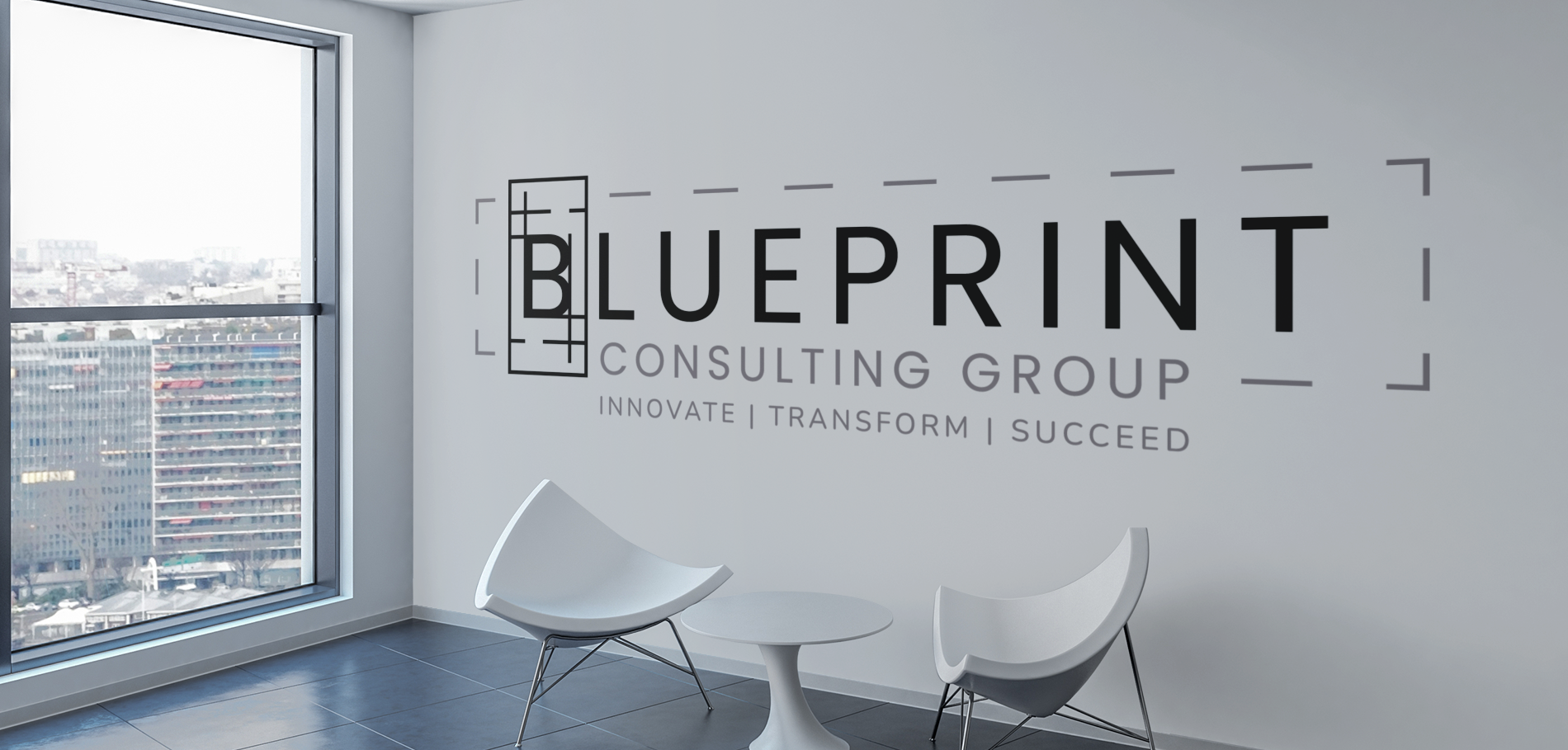 A modern office with large windows and a wall featuring the “BLUEPRINT Consulting Group Raleigh” logo and the words “INNOVATE | TRANSFORM | SUCCEED.” Two white chairs and a small round table suggest focused website design collaboration.