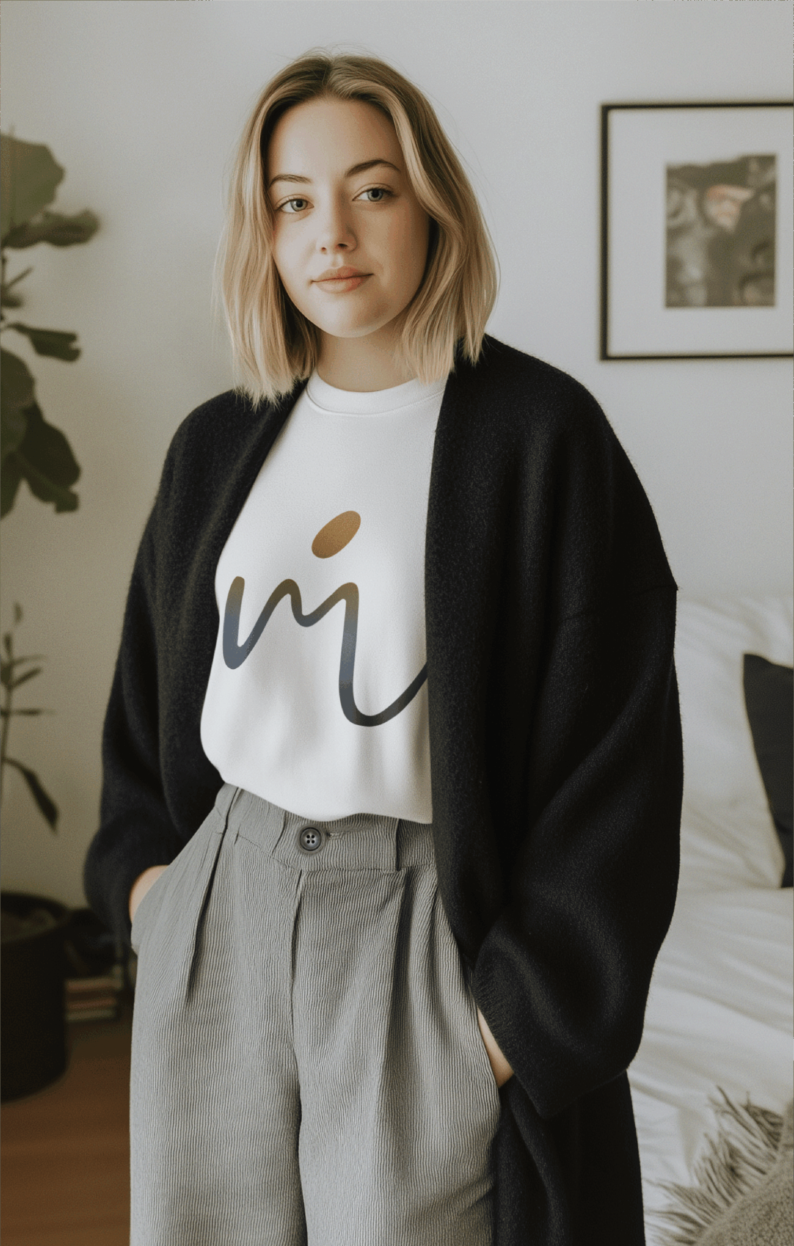 A woman with blonde hair stands indoors, wearing a black coat over a white shirt with a graphic design and gray high-waisted pants. She has her hands in her pockets, reflecting modern branding and style in a sleek, minimal bedroom.
