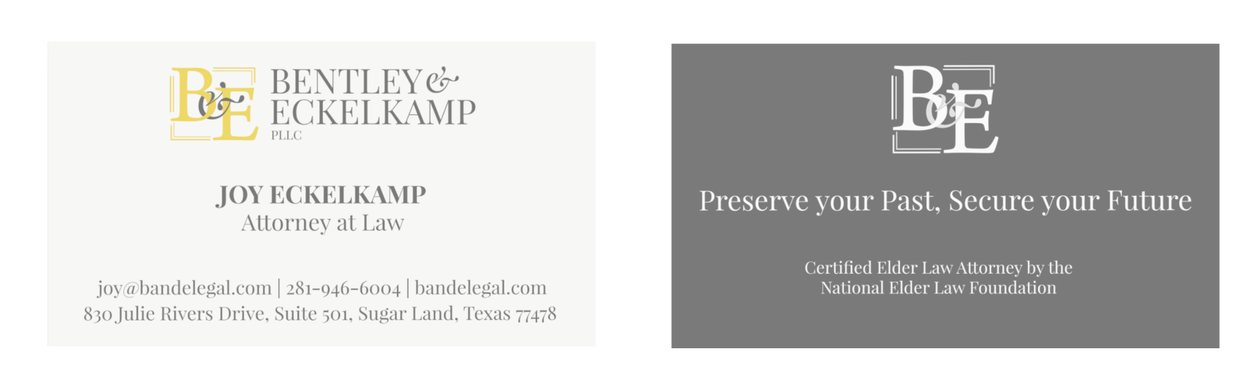 Testimonial Scroller - White BG | Moonlit Media LLC A business card for Bentley & Eckelkamp PLLC. The left side shows attorney Joy Eckelkamp’s contact details and address; the right side features, Preserve your Past, Secure your Future, elder law certification, and refined branding.
