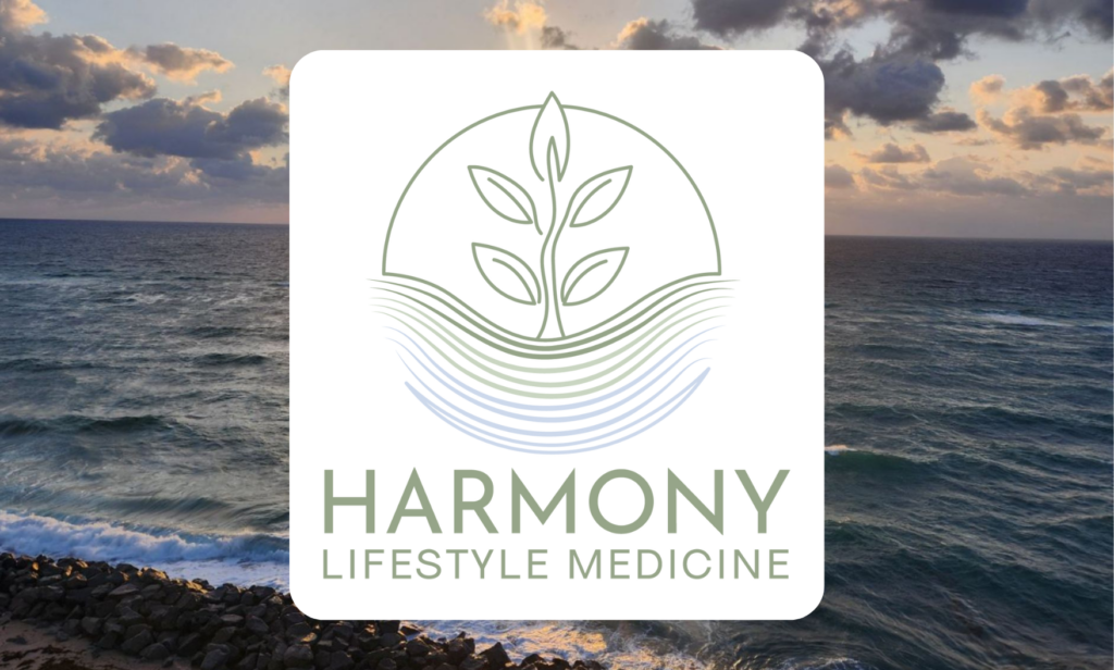 | Moonlit Media LLC Harmony Lifestyle Medicine logo featuring minimalist plant and wavy lines, overlaid on a scenic ocean sunset—ideal for branding lifestyle coaches or inspiring website design.