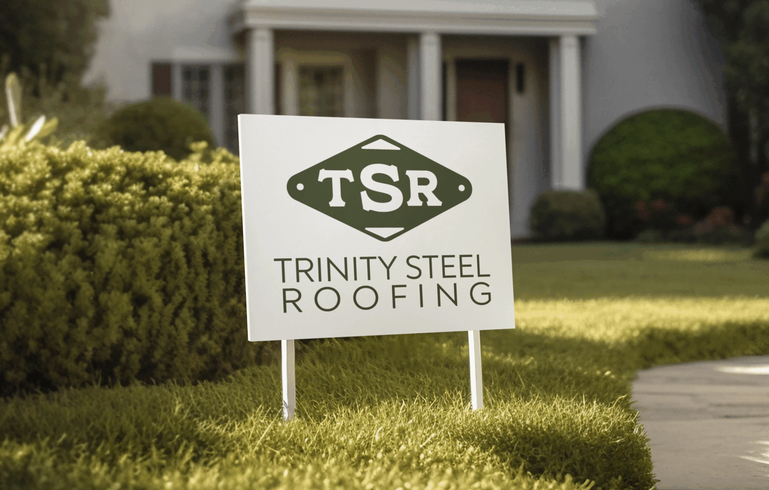 A yard sign featuring the TSR logo design and Trinity Steel Roofing stands on a well-manicured lawn in front of a house with trimmed bushes and a blurred entrance in the background.
